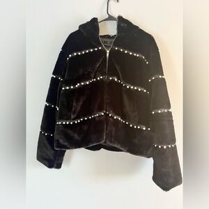 Ashley Stewart Faux Fur Pearl Embellished Hooded Blk Bomber Jacket sz 14/16 NWT